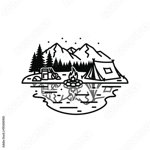 Illustration of a serene camping scene with a tent and campfire by a lake under mountains