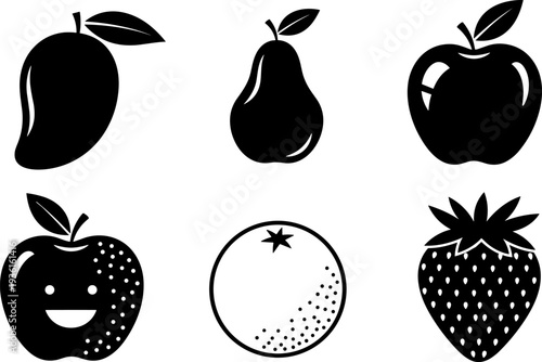 Set of Minimalist Black and White Fruit Icons Including Mango, Pear, Apple, Strawberry, and Orange for Healthy Food Diet or Juice Packaging Vector Illustration