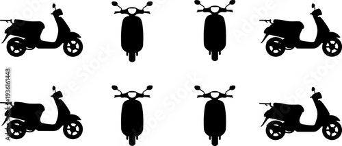 Set of motor scooter silhouettes in front and side views, black moped icons collection isolated on white background, urban transport vector illustration for design