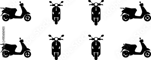 Set of motor scooter silhouettes in side and front views, black moped icons collection isolated on white background, urban transport vector illustration for design
