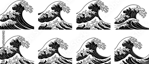 Set of Mountain Hiker Silhouettes with Backpacks and Trekking Poles Standing on Rocky Peaks Showing Adventure, Climbing, Hiking, and Outdoor Exploration Vector Illustration