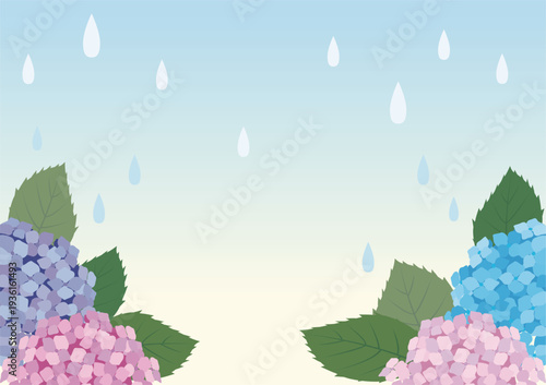 日本の梅雨：雨に濡れるあじさいのフレーム。6月の季節行事、雨の日、初夏のイメージ背景