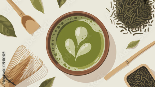 Flat illustration of matcha tea bowl with leaves and brewing tools on a beige background symbolizing zen and healthy lifestyle