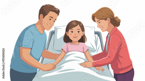 Tender family moment parents comforting sick child in bed hospital room scene with caring gesture