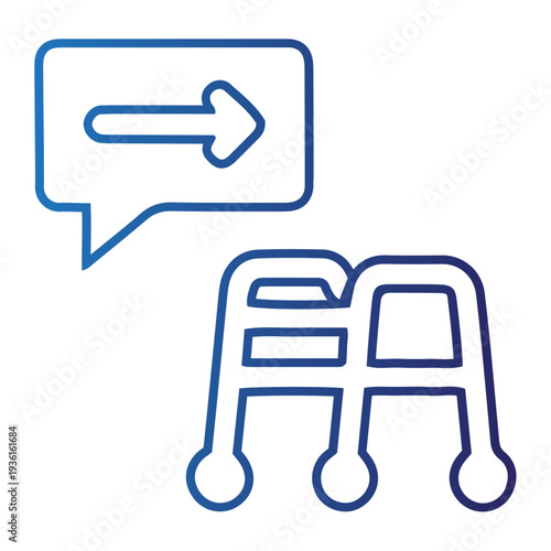 Simple illustration of a walker with a speech bubble containing a directional arrow symbolizing guidance and assistance for mobility
