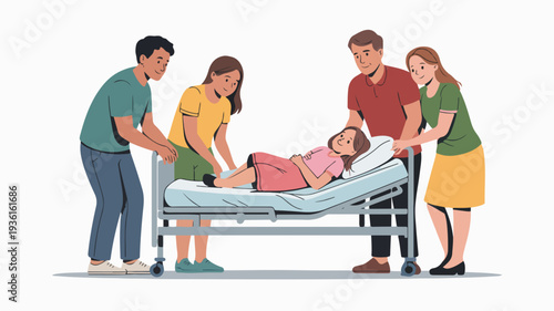 Family and caregivers assisting a young girl on a hospital bed with comfort and care