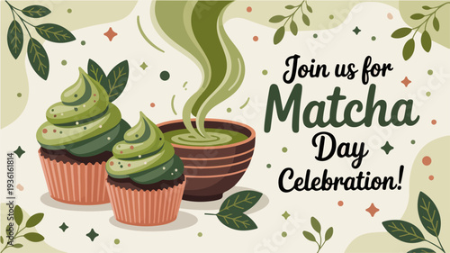 Matcha cupcakes and steaming bowl invitation for celebration with green leaves on beige background