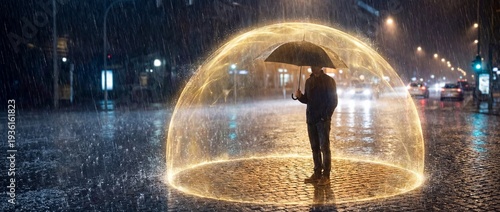 A black umbrella emitting a golden forcefield in a rainstorm, a powerful metaphor for premium insurance, protection, and safety.