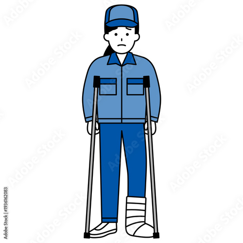 足を怪我して松葉杖をついているつなぎ作業服の女性