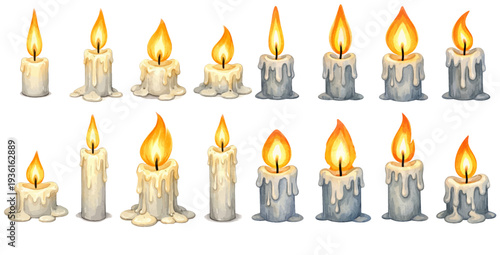 A charming watercolor collection of burning candles with glowing flames and wax drips for cozy decor illustrations and atmospheric design.