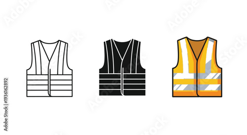 Collection of safety vest icons presented in outline solid and color vector graphic styles for visibility projects