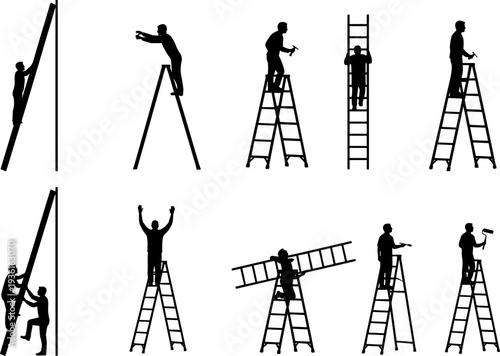 Set of professional electrician and lineman silhouettes working on high voltage power lines and utility poles, industrial maintenance vector illustration isolated on white background
