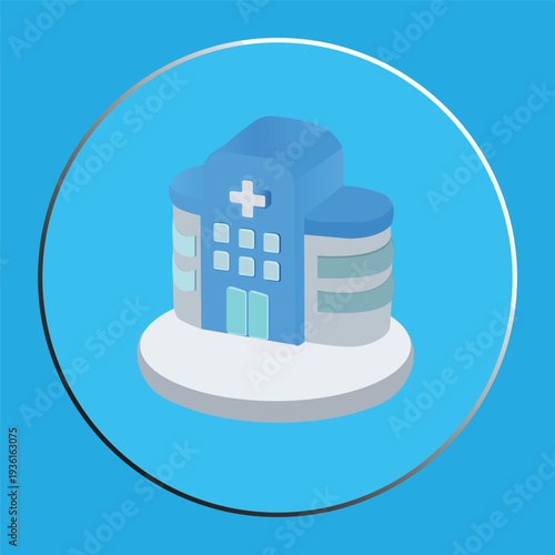 3D Isometric Hospital Building Icon with Medical Cross Symbol