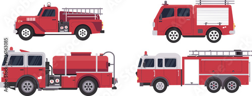 Set of red fire trucks and emergency vehicles vector illustration, firefighter transportation equipment for rescue, safety, and emergency service design