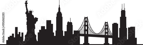 New york city skyline silhouette with statue of liberty and brooklyn bridge