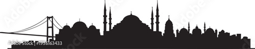 Istanbul skyline silhouette featuring Bosphorus bridge and Hagia Sophia Mosque major landmarks