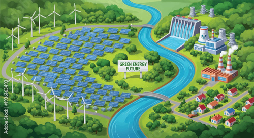 Sustainable energy landscape showcasing solar farms, wind turbines, and eco- friendly infrastructure with a green future banner