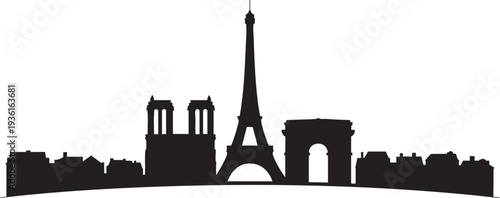 Paris skyline silhouette with Eiffel Tower, Notre Dame, Arc de Triomphe on transparent background
