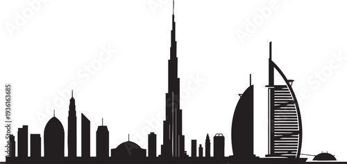 Dubai skyline silhouette cityscape famous landmarks for travel design illustration
