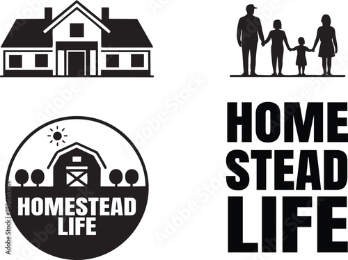 Homestead life vector icons family house and barn outdoor rural living concept