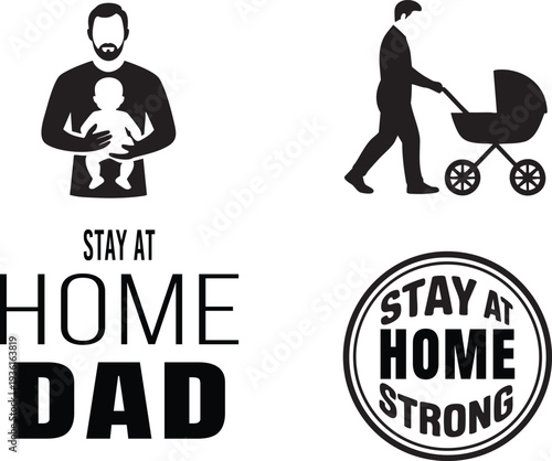 Stay at home dad vector graphics father with baby and stroller parenting duties