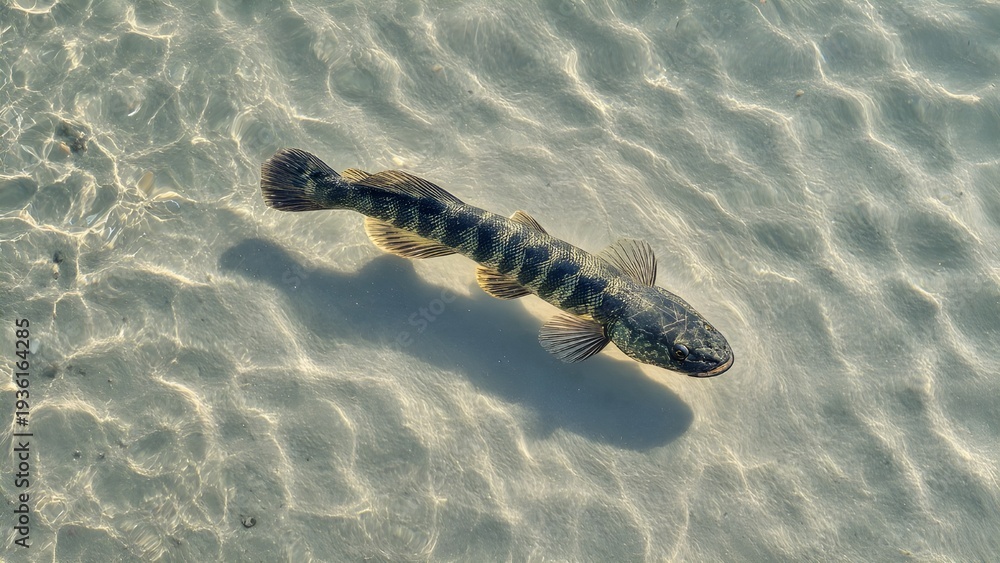 Obraz premium Top View of a Snakehead Fish Swimming in Shallow Crystal Clear Water over Sandy Bottom