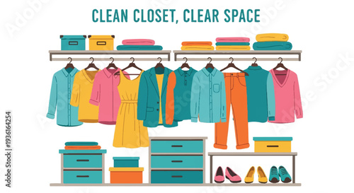 Colorful organized wardrobe display with vibrant clothing arranged on shelves and hangers