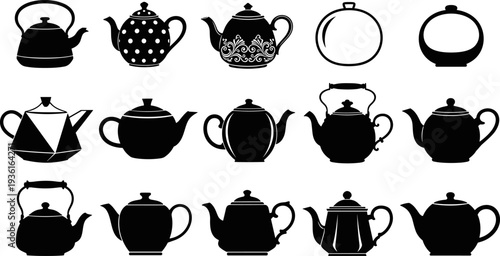 Set of teapot and kettle silhouettes in various styles, classic and modern tea vessels, kitchenware vector illustration isolated on white