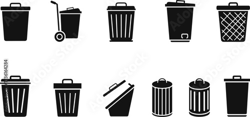 Set of Ten Garbage Can and Trash Bin Silhouettes with Various Designs, Including Wheelie Bins, Wire Baskets, and Tilting Lids, Representing Waste Disposal and Recycling