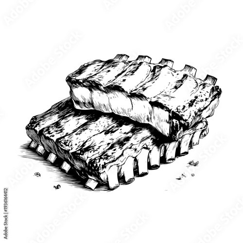Adobe Stock Hand Drawing of Delicious Raw Pork Ribs Stacked Together Ready for Grilling or Cooking