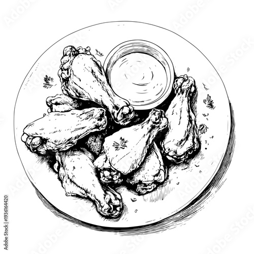 Hand-Drawn Illustration of Delicious Chicken Wings with Dip on a Plate - A Classic American Dish