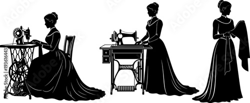 Set of Victorian Women Silhouettes Sewing on Vintage Machine and Holding Fabric Isolated on White Background for Tailor Dressmaker Retro Design Vector Illustration