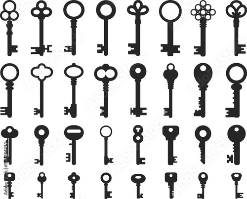 Set of vintage and modern key vector icons collection, black silhouette illustration, security, antique design, lock, access, locksmith, decoration
