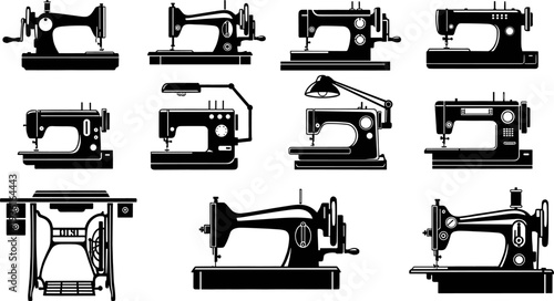 Set of Vintage and Modern Sewing Machines, Industrial and Home Tailoring Equipment Vector Icons, featuring Black Silhouette Illustrations for Textile, Fashion, and Manufacturing Industry