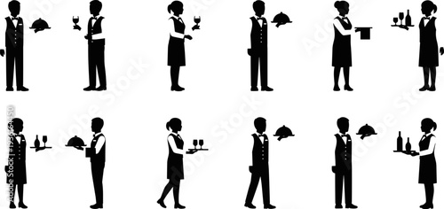 Set of waiter and waitress silhouettes serving food and drinks, professional restaurant staff poses, hospitality service vector illustration isolated on white