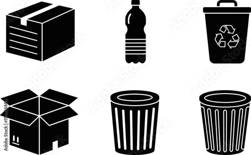 Set of waste management vector icons featuring cardboard boxes, plastic bottle, recycling bin, and trash cans, illustrating disposal concepts, eco recycling awareness graphics