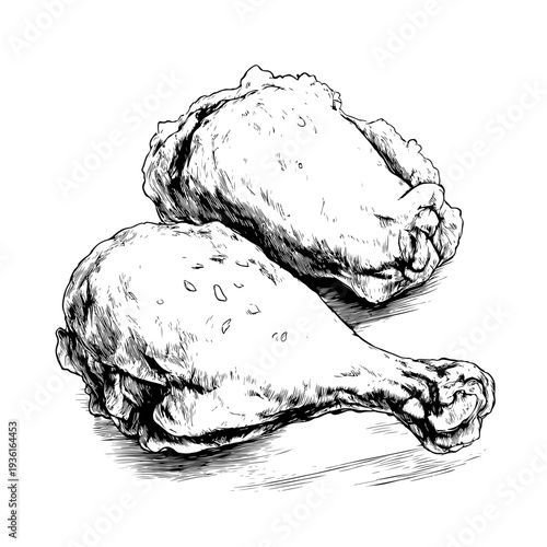 Crispy hand-drawn illustration of classic American fried chicken pieces, perfect for menu designs, food blogs, or culinary projects, available on adobe stock
