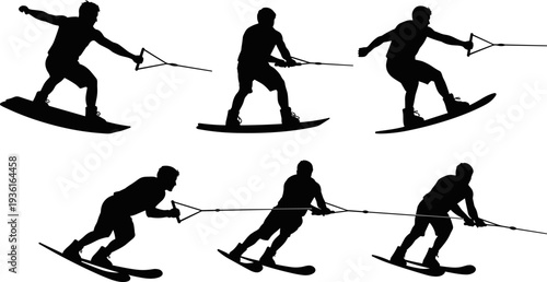 Set of Water Skiers and Wakeboarders Silhouettes Showing Dynamic Action Poses, Jumps, and Tricks for Extreme Water Sports and Summer Recreation Vector Illustration