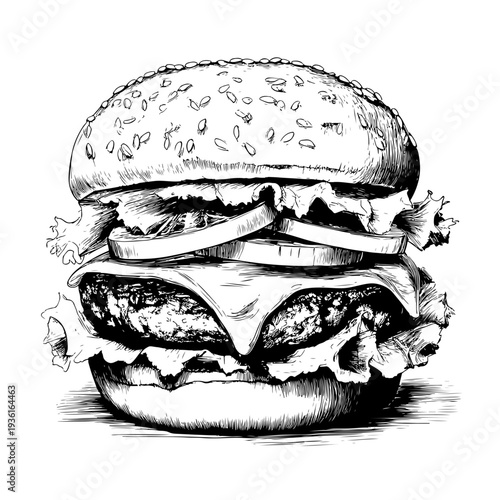 Hand Drawing of a Delicious and Juicy American Hamburger, A Classic Fast Food Treat available on adobe stock
