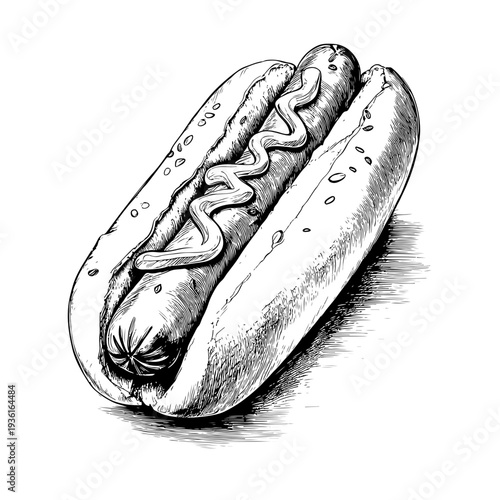A hand-drawn illustration of a classic hot dog with mustard, perfect for food blogs and American cuisine themes on adobe stock