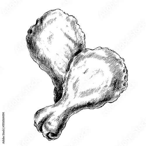Artistic hand-drawn illustration of two savory chicken drumsticks, a classic American food staple, rendered in a vintage sketch style, perfect for culinary designs on adobe stock
