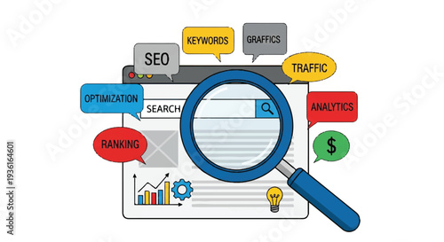 Digital s e o analysis dashboard with magnifying lens highlighting key performance metrics and optimization