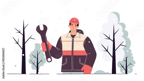 Male repair technician in a warm winter jacket and red gloves holding a large mechanical wrench in a snowy outdoor setting with rounded evergreen trees.
