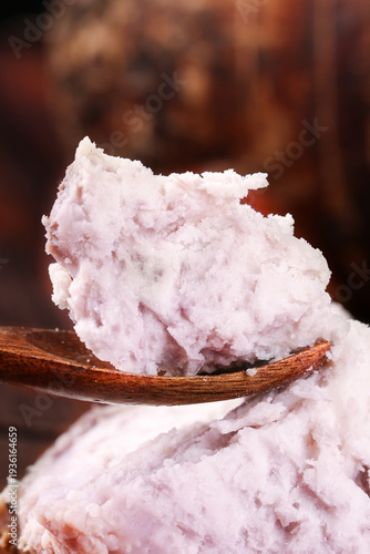 Purple Taro Root Paste on Wooden Spoon - Traditional Guangxi Vegetarian Food Ingredient