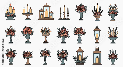 Various floral arrangements, lanterns, and candles on display