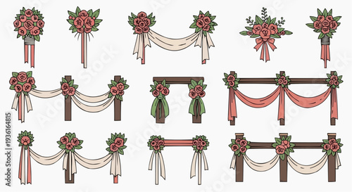 Elegant floral arrangements and archways adorned with red roses and delicate ribbons, perfect for a romantic ceremony.