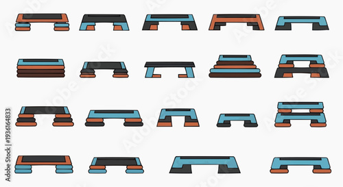 Collection of aerobics stepper platforms, exercise equipment set. Various step platforms for workout. Healthy lifestyle concept