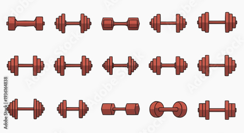 Arrangement of different red dumbells. The image displays a collection of multiple red dumbbells in diverse orientations