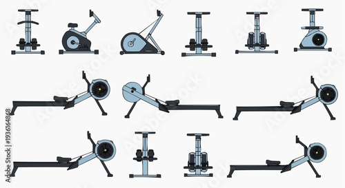 Array of exercise machines, including stationary bikes and rowing machines, with detailed illustrations. Perfect for fitness enthusiasts and gym advertisements