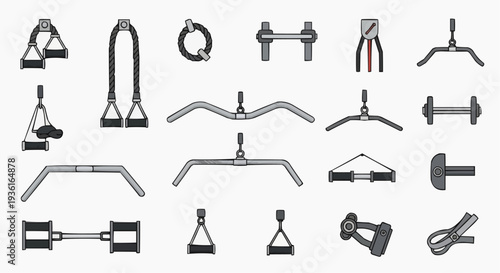 Assortment of gym equipment tools on a surface, presented from top angle, the different kind of tools suitable for any exercises